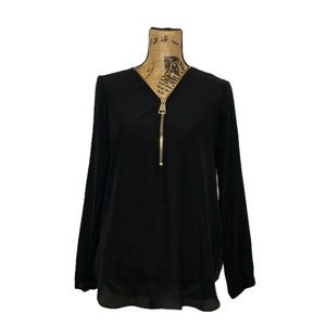 Zac & Rachel Black Semi-Sheer V-Neck Gold Zipper Blouse S